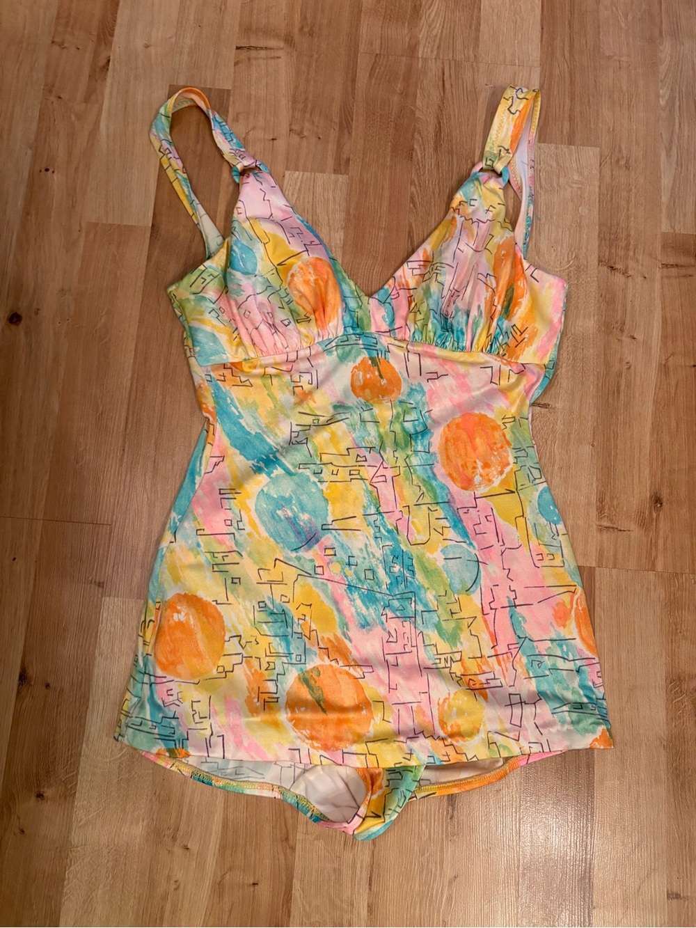 Vintage Sirena Romper Style Bathing Suit in Size 16 in a Mod Abstract Design